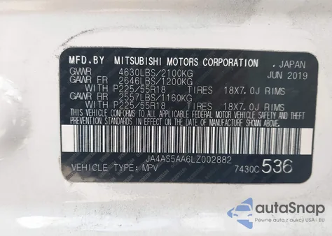 2020 Mitsubishi Eclipse Cross Se 1.5T/Sel 1.5T из США, поврежденный, VIN JA4AS5AA6LZ002882